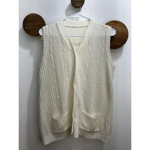 Vintage Ivory Acrylic Sweater Vest Size Large Button Up Cable Knit Pattern